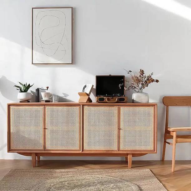 NG Decor Natural Sideboard Buffet Rattan Kitchen Cabinet 4 Doors 4 Shelves in Small Engineered Wood Free Standing Sideboard
