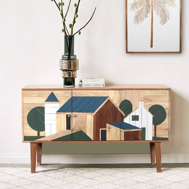 Furniza Handcrafted Wooden Sideboard with Village Art Design & Storage–Multicolor Finish Solid Wood Free Standing Sideboard