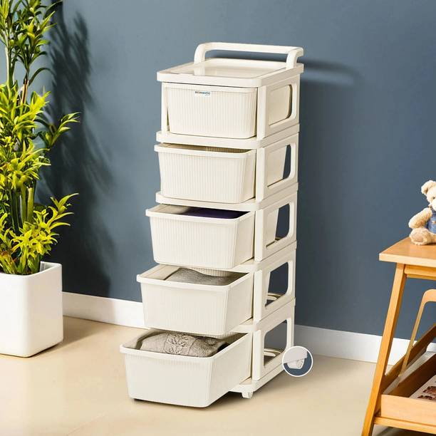HOMESTIC 5 Layer Plastic Modular Storage Drawer Organizer with Wheels | Ivory Plastic Free Standing Chest of Drawers
