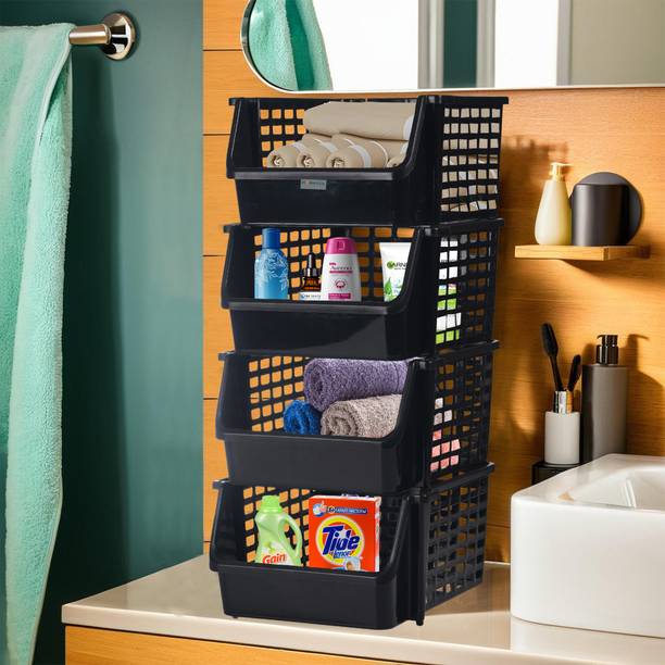 HOMESTIC 4 Tier Plastic Bathroom Organiser Rack for Storage | Black Plastic Free Standing Chest of Drawers
