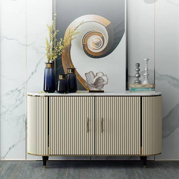NG Decor Modern Beige Faux Marble and MDF 2-Door Sideboard Cabinet with Metal Handles Engineered Wood Free Standing Sideboard