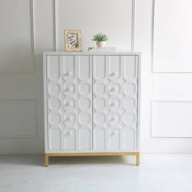 Kd Kohinoor Décor Modern White Cabinet with 2 Doors & 4 Shelves Gold Finish 1092mm in Height Engineered Wood Free Standing Sideboard