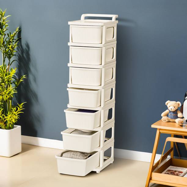 KUBER INDUSTRIES 7 Layer Plastic Modular Storage Drawer Organizer with Wheels | Ivory Plastic Free Standing Chest of Drawers