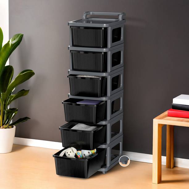 HOMESTIC 6 Layer Plastic Modular Storage Drawer Organizer with Wheels | Grey & Black Plastic Free Standing Chest of Drawers