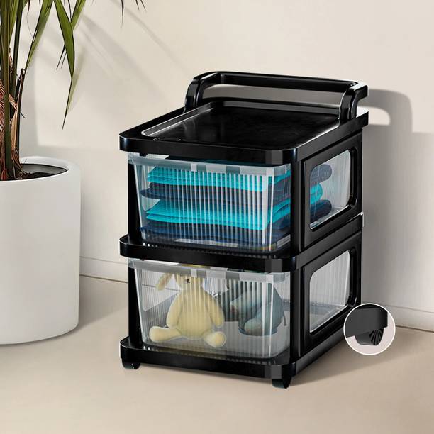 HOMESTIC 2 Layer Plastic Modular Storage Drawer Organizer with Wheels | Transparent Black Plastic Free Standing Chest of Drawers
