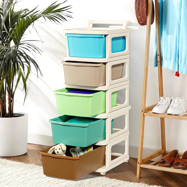 KUBER INDUSTRIES 5 Layer Plastic Modular Storage Drawer Organizer with Wheels | Multicolor Plastic Free Standing Chest of Drawers