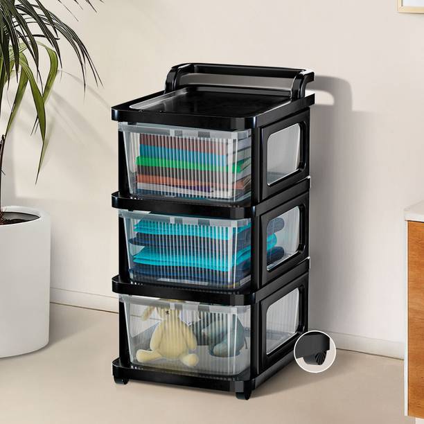 HOMESTIC 3 Layer Plastic Modular Storage Drawer Organizer with Wheels | Transparent Black Plastic Free Standing Chest of Drawers