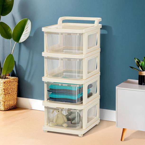 KUBER INDUSTRIES 4 Layer Plastic Modular Storage Drawer Organizer with Wheels | Transparent Ivory Plastic Free Standing Chest of Drawers