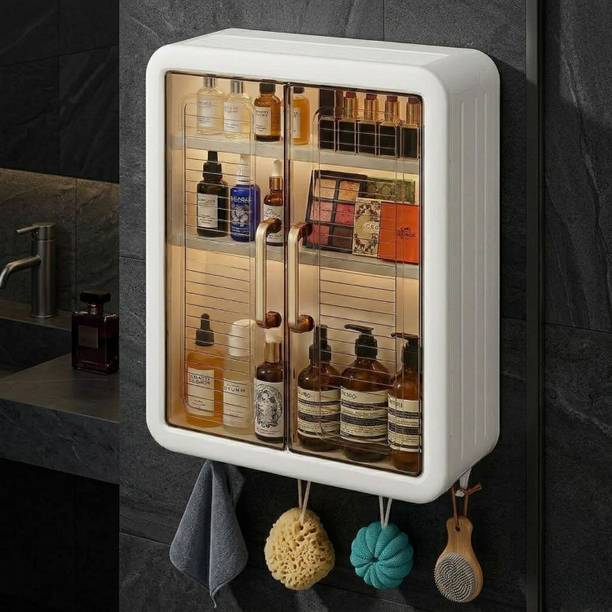 Homeness Wall Mounted Bathroom Organiser, Self Adhesive Storage Cabinet Plastic Wall Mount Cabinet