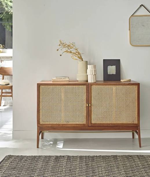 Shagun Arts HEXA Rattan Cane Webbed Solid Sheesham Wood Sideboard With Multi Storage || Solid Wood Free Standing Cabinet