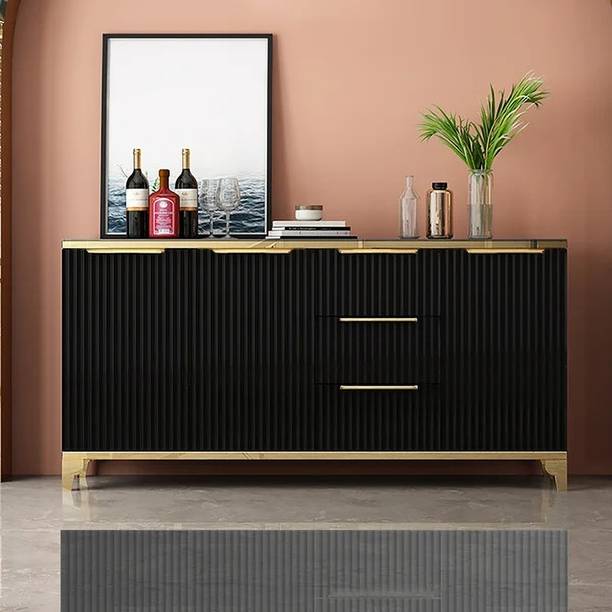 Kd Kohinoor Décor 63" Black Sideboard with PU Paint Top and 3 Drawers in Gold Finish Engineered Wood Free Standing Sideboard
