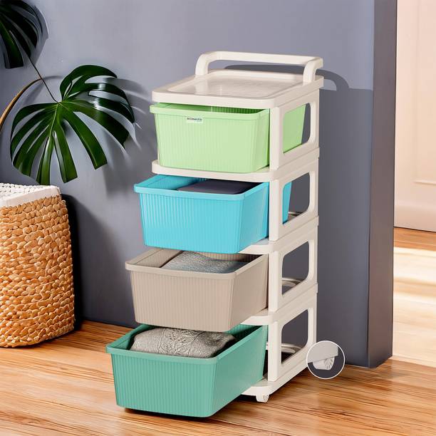 HOMESTIC 4 Layer Plastic Modular Storage Drawer Organizer with Wheels | Multicolor Plastic Free Standing Chest of Drawers