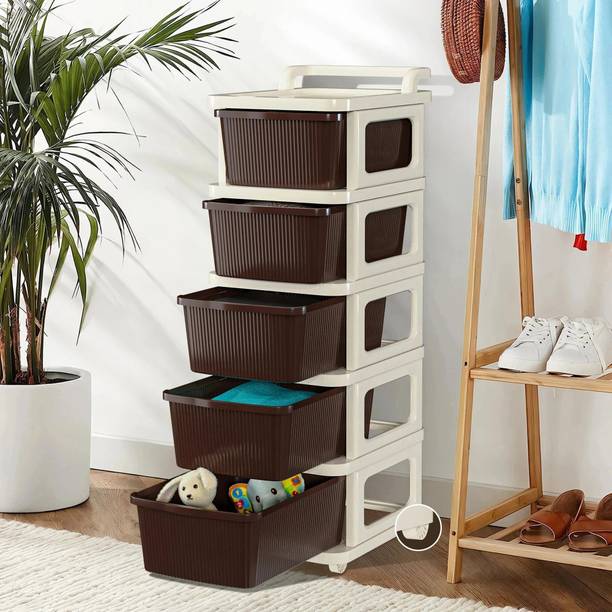 HOMESTIC 5 Layer Plastic Modular Storage Drawer Organizer with Wheels | Ivory & Brown Plastic Free Standing Chest of Drawers