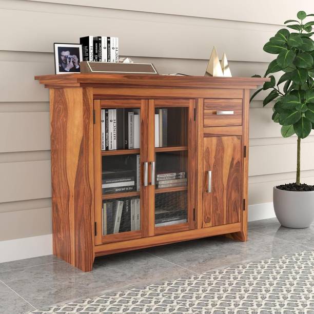 Deshnok Art Sheesham Wood Sideboard Cabinet for Living Room with Glass Door Storage Cabinet Solid Wood Free Standing Sideboard