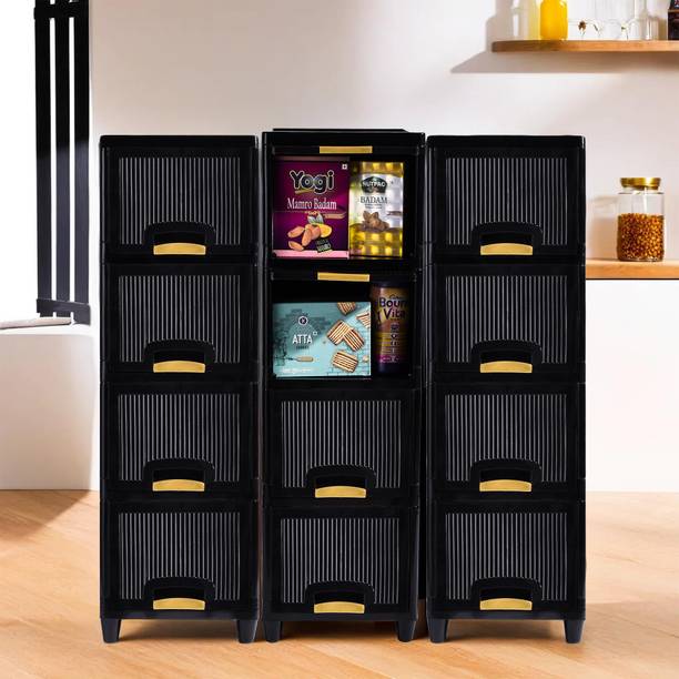 KUBER INDUSTRIES 12 Units Multipurpose ( 4 + 4 + 4 ) Folding Cabinet Storage Organizer | Black Plastic Free Standing Cabinet