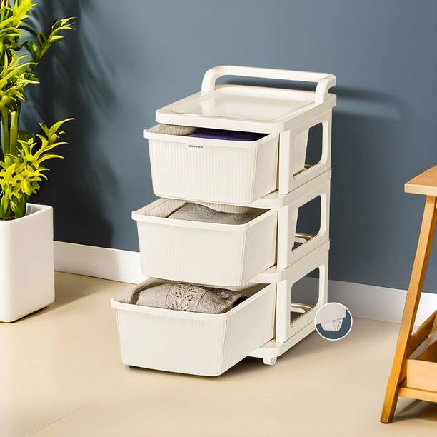 HOMESTIC 3 Layer Plastic Modular Storage Drawer Organizer with Wheels | Ivory Plastic Free Standing Chest of Drawers