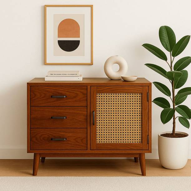 BHWOOD Wooden Sideboard with Rattan Solid Wood Free Standing Sideboard