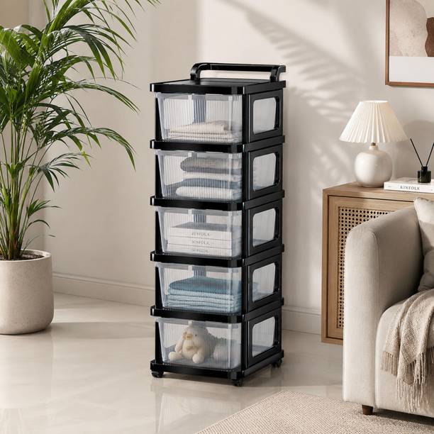 Eimear enterprise 5 Layer Heavy Duty Plastic Storage Drawer with Wheels | Modular Cabinet PVC Collapsible Wardrobe