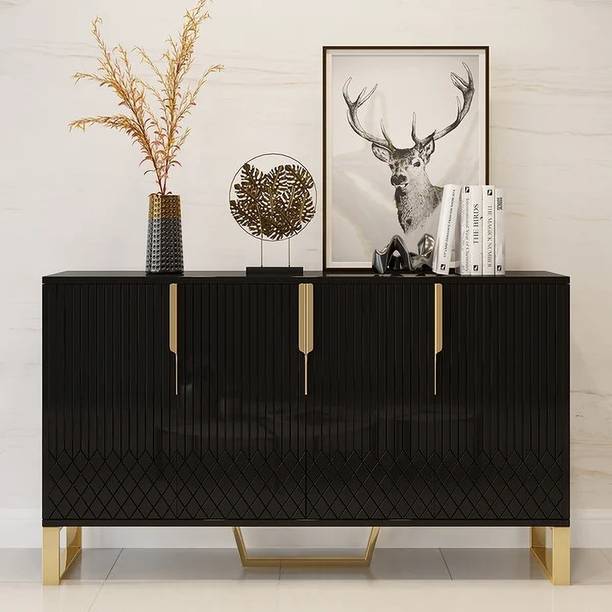 Kd Kohinoor Décor Aro Modern Black Wood Sideboard Cabinet 4 Doors for Kitchen Storage Engineered Wood Free Standing Sideboard