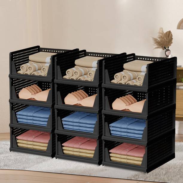 KUBER INDUSTRIES Pack of 12 Plastic Storage Wardrobe Organizer for Almirah | Large | Black Plastic Free Standing Cabinet
