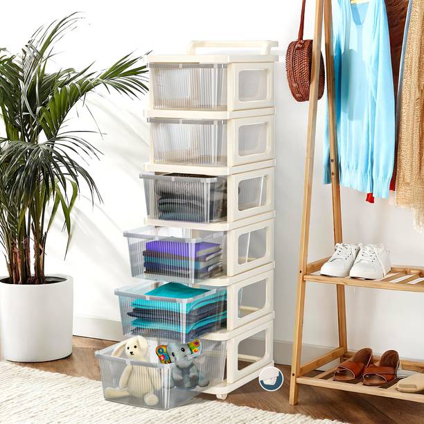 HOMESTIC 6 Layer Plastic Modular Storage Drawer Organizer with Wheels | Transparent Ivory Plastic Free Standing Chest of Drawers