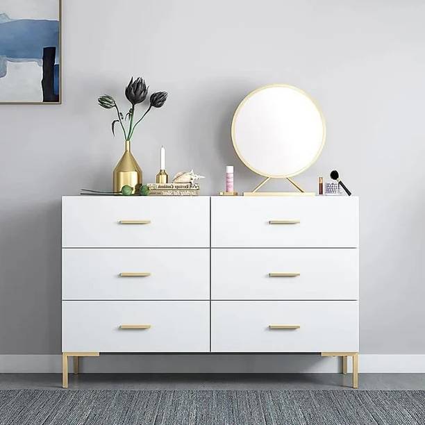 KDINTERIORS 1200mm Modern White Bedroom Dresser 6-Drawer Accent Cabinet in Gold Engineered Wood Free Standing Sideboard