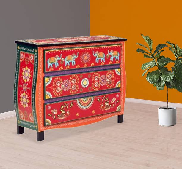 APRODZ Khusb Wooden Handpainted Sideboard Solid Wood Free Standing Chest of Drawers