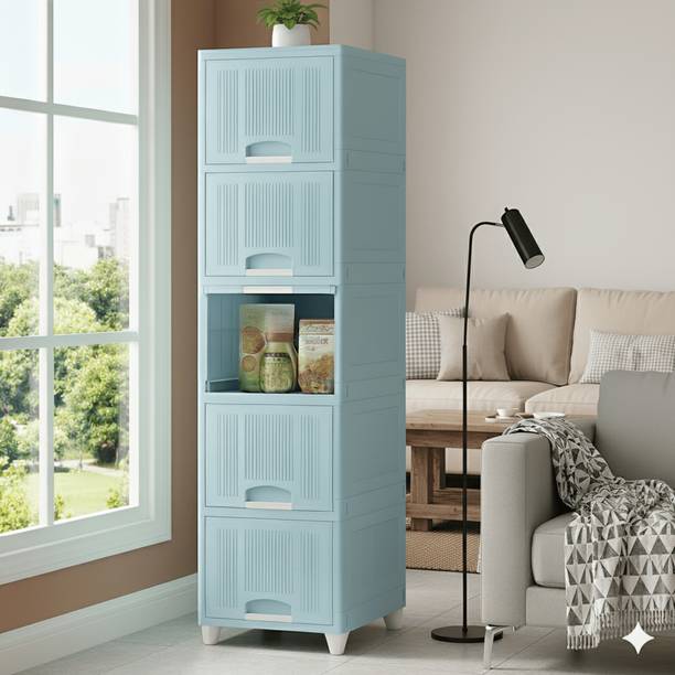 MAXTID 5 Layer Blue Compact Storage Box for Dressing Area and Wardrobe Use Plastic Free Standing Cabinet