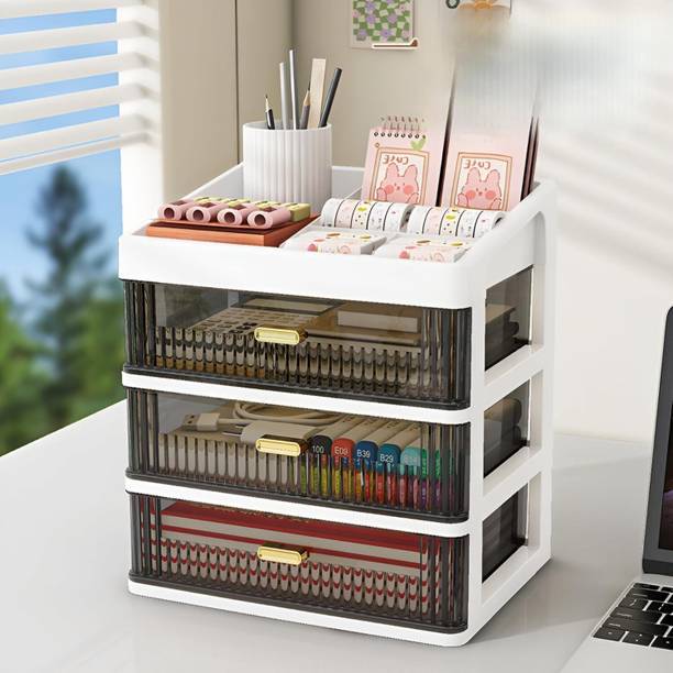 Kappali Makeup Organizer Plastic Storage Box with Sliding Drawer Stylish Plastic Free Standing Chest of Drawers
