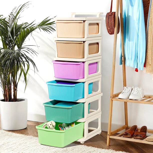 KUBER INDUSTRIES 6 Layer Plastic Modular Storage Drawer Organizer with Wheels | Multicolor Plastic Free Standing Chest of Drawers