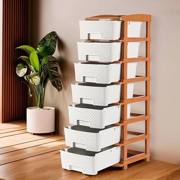 HOMESTIC by Kuber Industries 7-Tier Multipurpose Plastic Drawers Storage Organizer | Brown & White Plastic Free Standing Chest of Drawers
