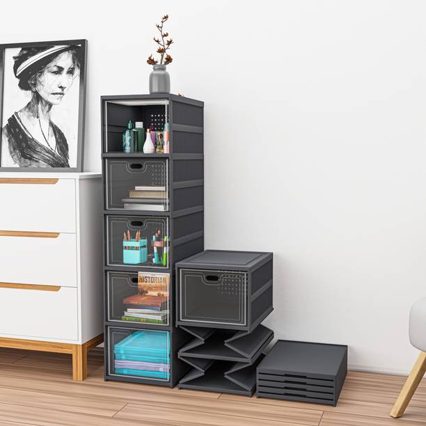 KUBER INDUSTRIES 5-Tier Transparent Plastic Collapsible Space Saving Closet/Cabinet | Grey Plastic Free Standing Chest of Drawers