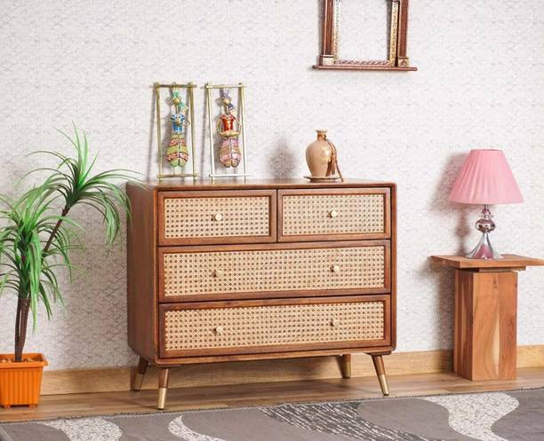 dewss Solid Sheesham Wood Rattan Chest of Drawer for Home Solid Wood Free Standing Sideboard