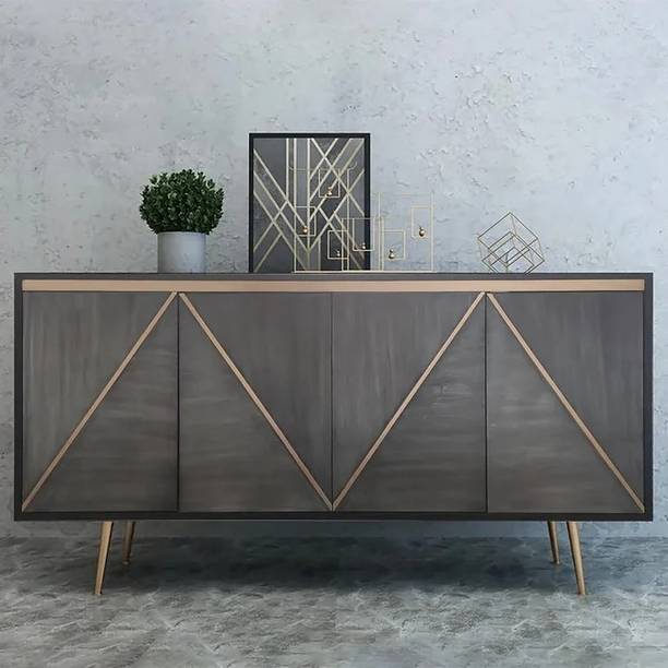 Kd Kohinoor Décor Grey and Gold Credenza 4 Doors Sideboard Cabinet with Storage Midcentury Modern Engineered Wood Free Standing Sideboard