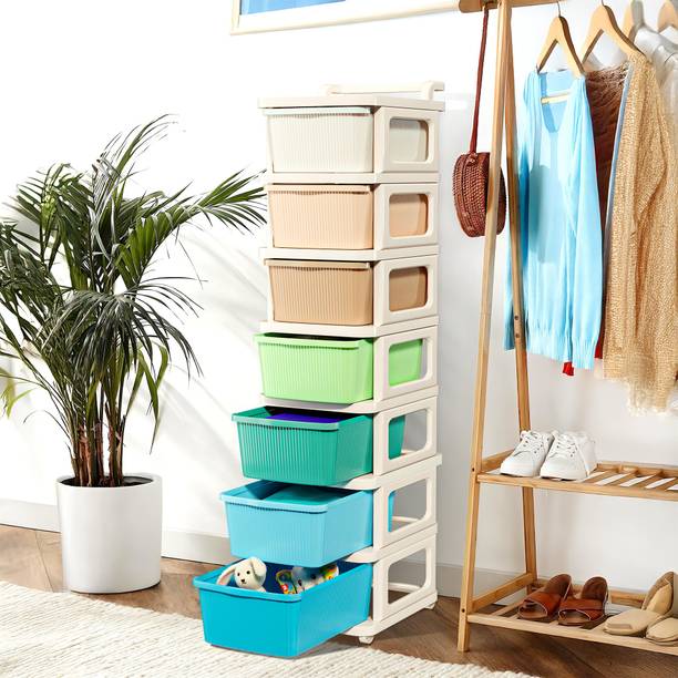 KUBER INDUSTRIES 7 Layer Plastic Modular Storage Drawer Organizer with Wheels | Multicolor Plastic Free Standing Chest of Drawers