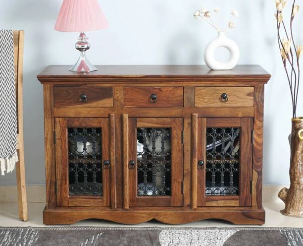 LOONART Solid Sheesham Wood Sideboard With Iron Designed Door For Living Room | Solid Wood Free Standing Cabinet
