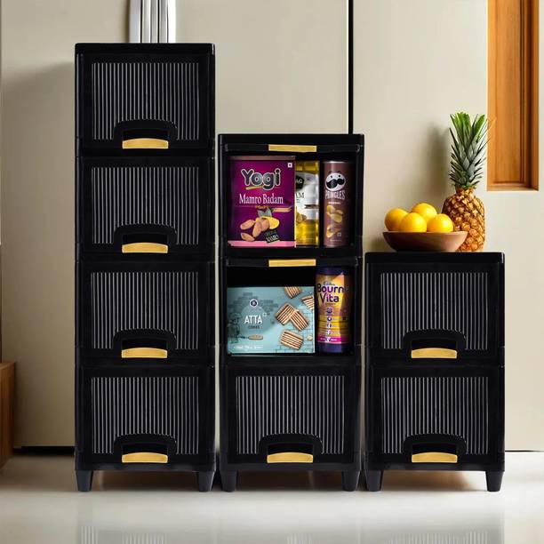 KUBER INDUSTRIES 9 Units Multipurpose ( 4 + 3 + 2 ) Folding Cabinet Storage Organizer | Black Plastic Free Standing Cabinet