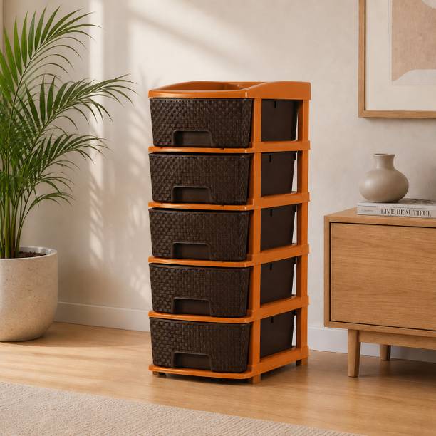 Zooglu Plastic Modular 5 XL Basket Drawer Chest Storage Rack System Large Multi Purpose Plastic Free Standing Chest of Drawers