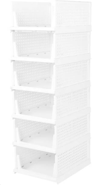 TEX-RO Wardrobe Cupboard White 6 Tier Plastic Free Standing Cabinet
