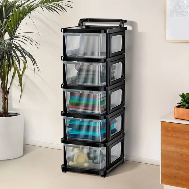 KUBER INDUSTRIES 5 Layer Plastic Modular Storage Drawer Organizer with Wheels | Transparent Black Plastic Free Standing Chest of Drawers