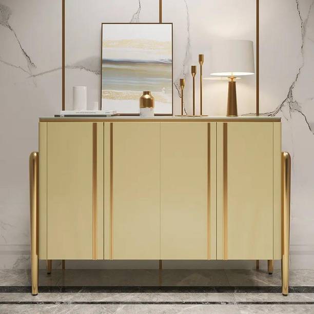 NG Decor Modern Sideboard Buffet 4 Doors & Shelves Tempered Glass Top Engineered Wood Free Standing Sideboard