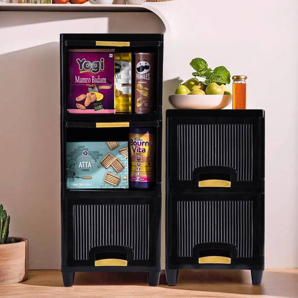KUBER INDUSTRIES 5 Units Multipurpose ( 3 + 2 ) Folding Cabinet Storage Organizer | Black Plastic Free Standing Cabinet