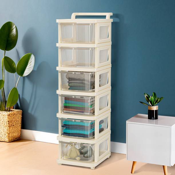 KUBER INDUSTRIES 6 Layer Plastic Modular Storage Drawer Organizer with Wheels | Transparent Ivory Plastic Free Standing Chest of Drawers