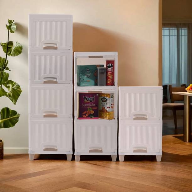 KUBER INDUSTRIES 9 Units Multipurpose ( 4 + 3 + 2 ) Folding Cabinet Storage Organizer | White Plastic Free Standing Cabinet