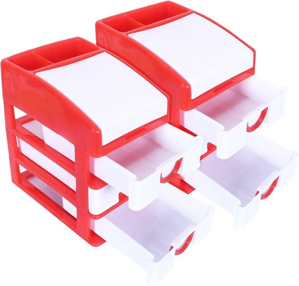HOMESTIC by Kuber Industries Plastic Cabinet Storage Organizer|Jewellery Box|Super-Star 3+1|Pack of 2|Red Plastic Free Standing Cabinet