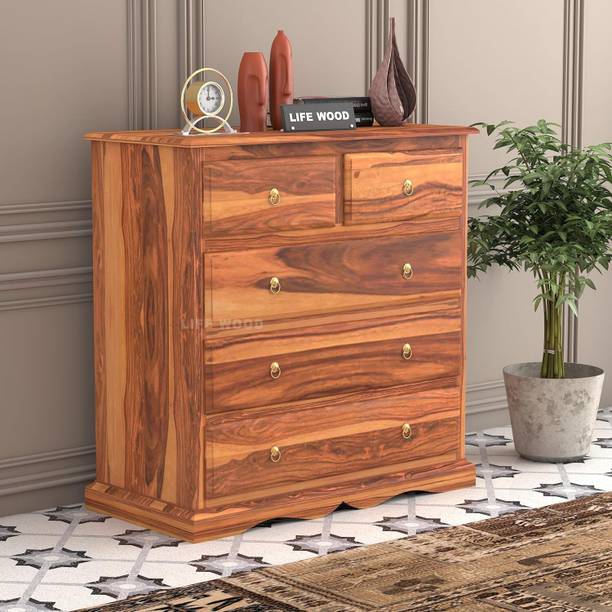 LIFEWOOD Life Wood Sheesham Wooden Chest of 5 Drawer for Living Room (Teak) Solid Wood Free Standing Chest of Drawers