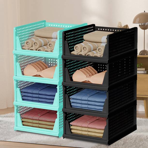 KUBER INDUSTRIES Pack of 8 Plastic Storage Wardrobe Organizer | Large | Pista Green & Black Plastic Free Standing Cabinet