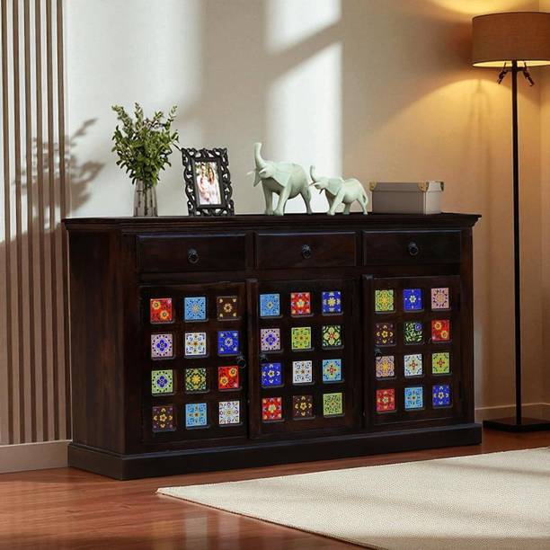 LIFEWOOD Life Wood Solid Sheesham Wood Niwar Patti Design Sideboard With Storage Solid Wood Free Standing Sideboard
