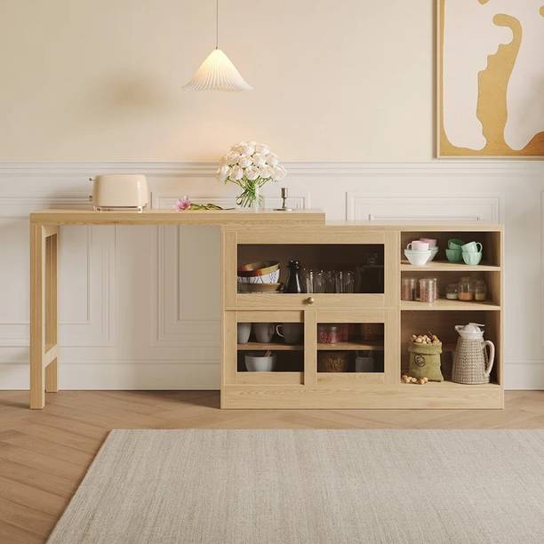 NG Decor 47" Natural Storage Sideboard Cabinet Extendable Wood Foldable Dining Table Solid Wood Free Standing Sideboard