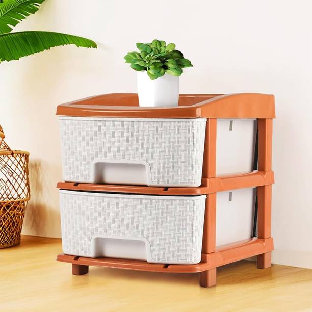 KUBER INDUSTRIES 2-Tier Multipurpose Plastic Drawers Storage Organizer | Brown & White Plastic Free Standing Chest of Drawers